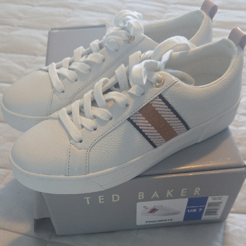 Ted Baker White Sneakers with Pink and Brown Stripes NWT